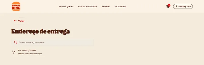 Delivery address page opened from the menu by a visitor, with address search and current location, while the header still offers Identifique-se and no checkout steps are shown.