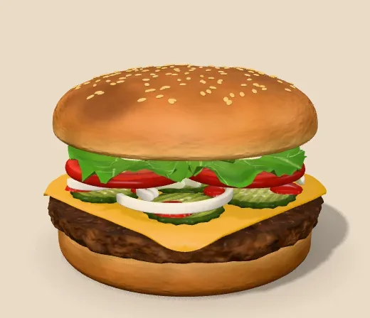The Whopper rendered in 3D with WebGL, with sesame seeds, lettuce, tomato, onion, pickles, cheese and a grilled patty.