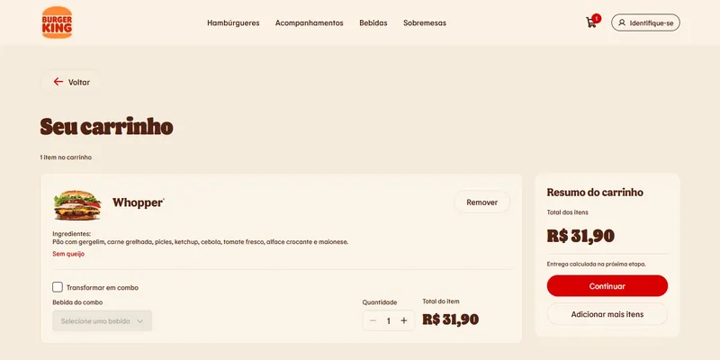 Cart with one Whopper marked Sem queijo, a combo checkbox, drink selector, quantity control and item total, next to the cart summary with Continuar.