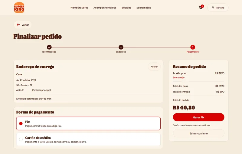 Payment step of checkout with identification and address completed, the delivery address card, Pix selected as payment, and the order summary with delivery fee, total and a Gerar Pix button.