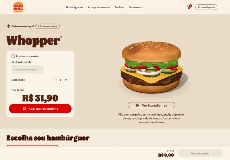 Menu with the Whopper in 3D beside its description, a purchase card with combo option, quantity and item total, and a delivery address prompt at the top, with no offers or coupon areas.