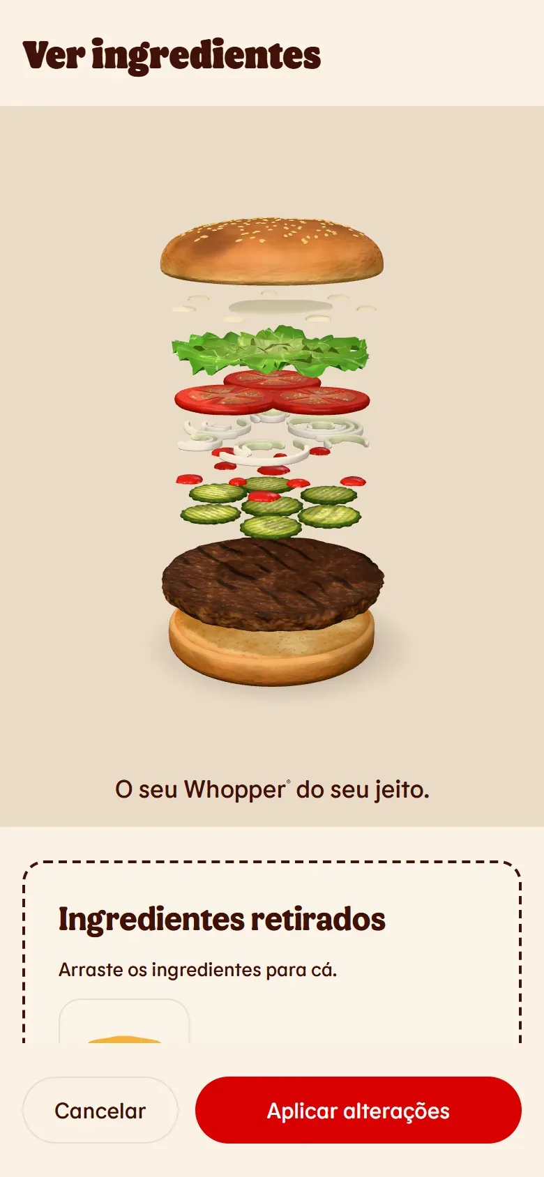 Mobile ingredient view with the burger opened into layers, the cheese moved to the tray below, and fixed Cancelar and Aplicar alterações buttons.