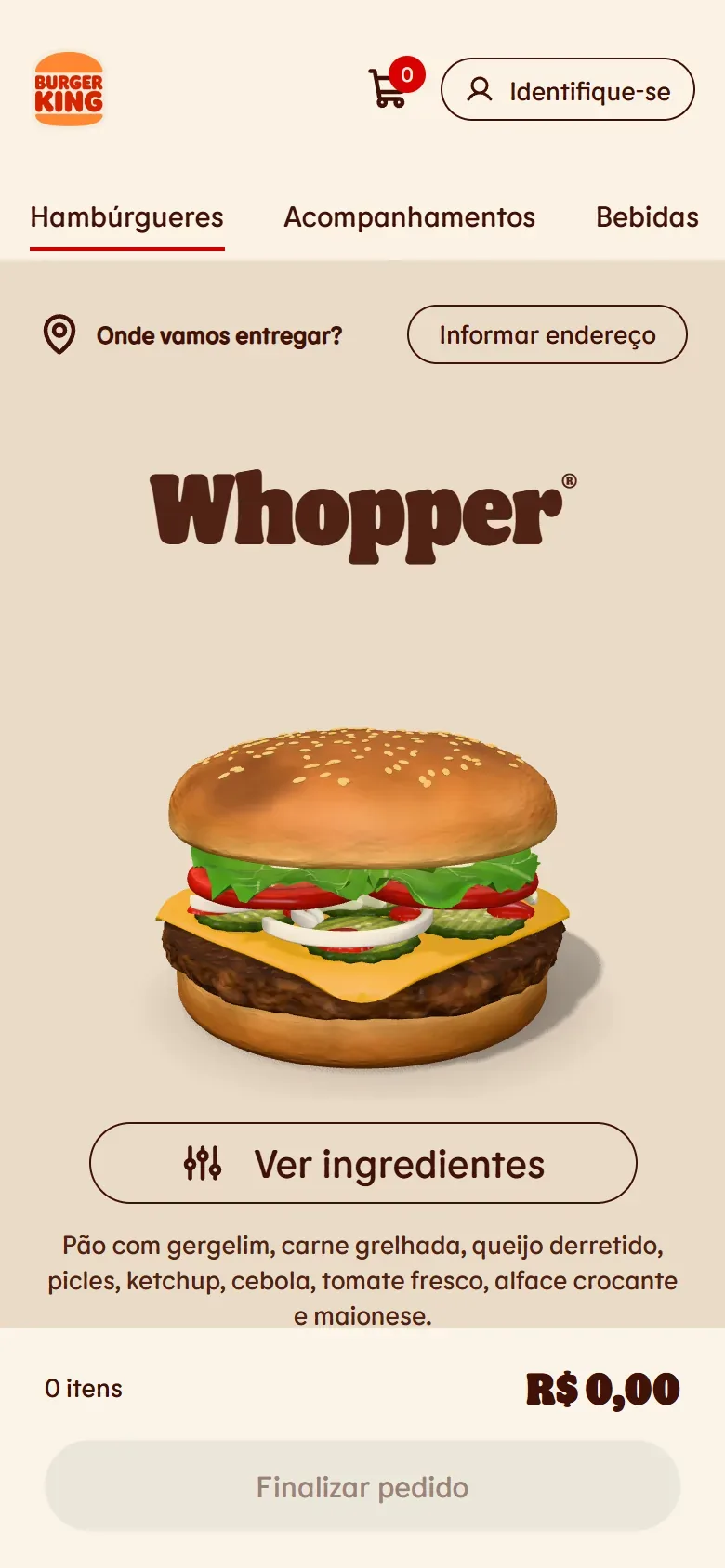Mobile menu with the delivery address prompt, the Whopper in 3D, the Ver ingredientes button and a fixed bottom bar with the cart total.