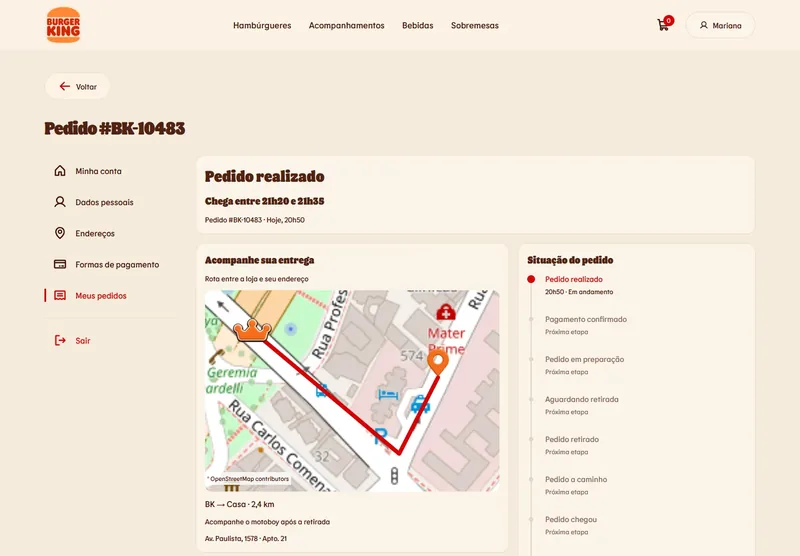 Order tracking page for order BK-10483 showing Pedido realizado with a delivery window, a map with the route from the store to the address, and a timeline of order statuses.