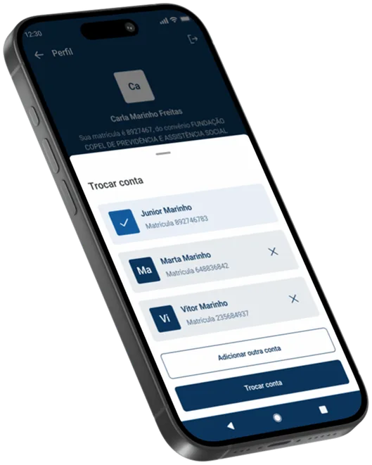 Account switcher showing three saved profiles, one selected, and options to add or switch accounts