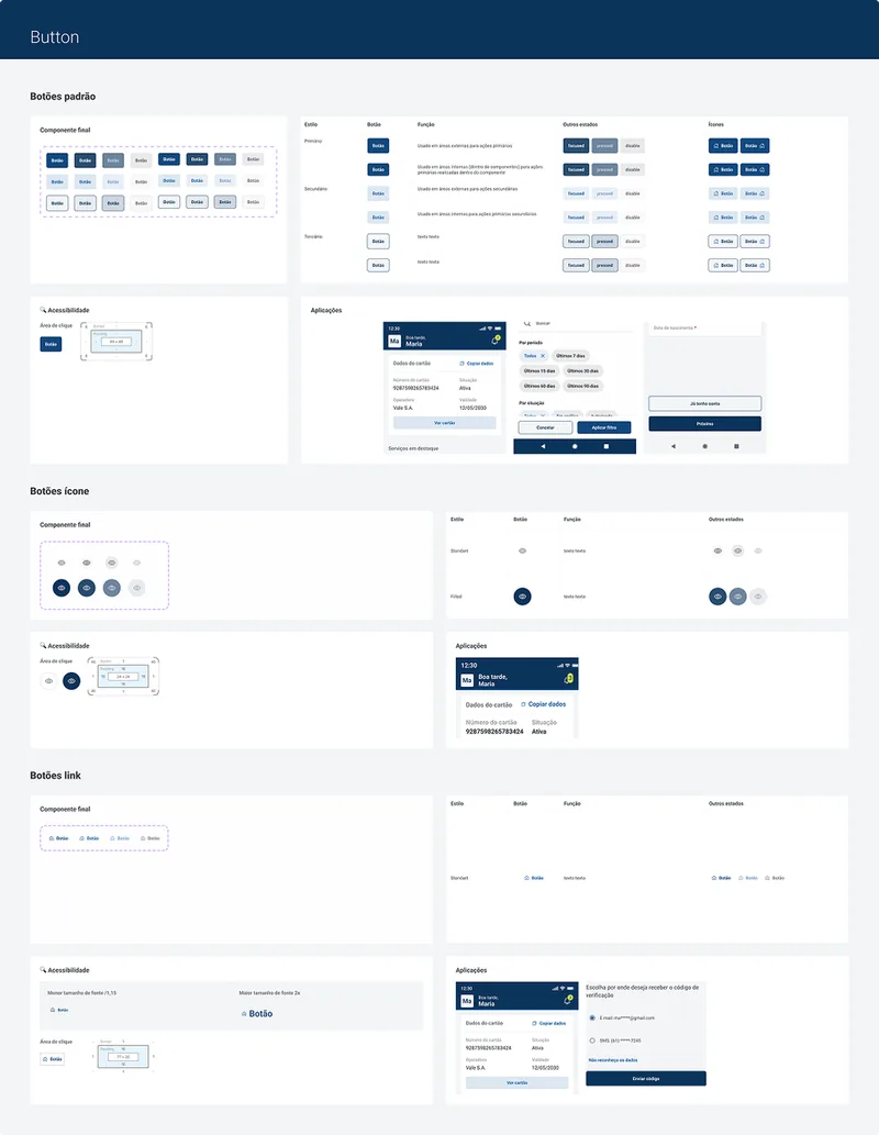 Figma documentation page for buttons, covering standard, icon and link variants with their states, click-area specifications and examples in app screens